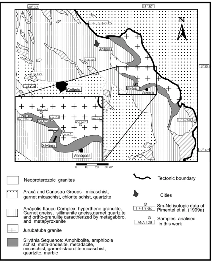 Fig. 2 – Geological sketch of the study area. Modified after Araújo (1994) and Lacerda Filho and Oliveira (1995).