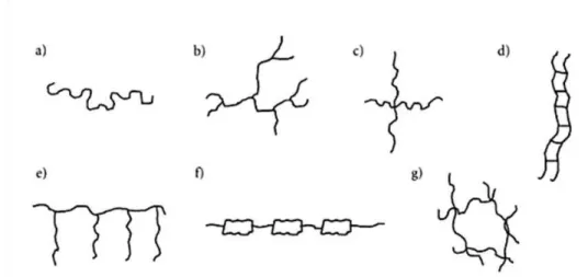 Figura 4  –  Tipos de moléculas poliméricas: a) linear; b) ramificado; c) com  ramificações em estrela; d) escalar; e) graftizado ou enxertado; f) semi escalar; g) com 