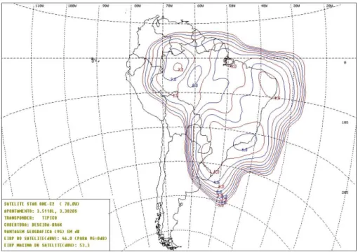 Figura 3.5 : Cobertura T´ıpica de Descida do Feixe BRAK do Sat´elite Star One C2 (EIRP) Fonte: Manual de caracter´ısticas do StarOne-C2 [14]