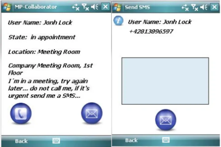 Fig.    6.    Two  screens  of  MP-Collaborator  in  a  real  device:  main  menu  and  search engine