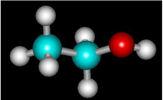 Figura 6. Estrutura molecular do etanol (bolas azuis: carbono; bolas brancas: hidrogênio e  bola vermelha: oxigênio)