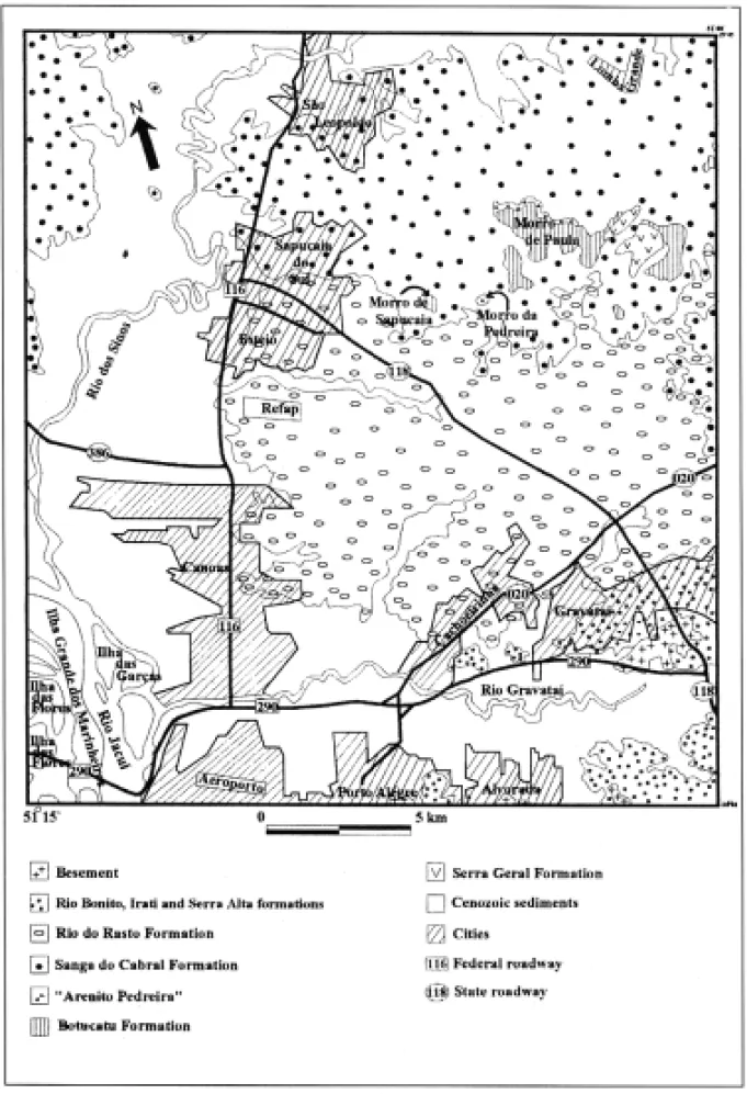 Fig. 2 – Simplified geological map of the area of São Leopoldo, State of Rio Grande do Sul, showing the places of exposure of the Pedreira Sandstone (Morro da Pedreira, Sapucaia do Sul and Morro de Paula, São Leopoldo).