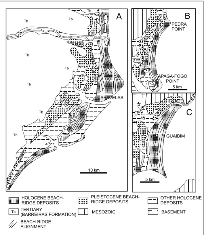 Fig. 9 – Simplified geological maps of some coastal plains alongside the coast of the State of Bahia illustrating the persistence of the sediment dispersion and accumulation patterns during the Quaternary Period (modified from Martin et al