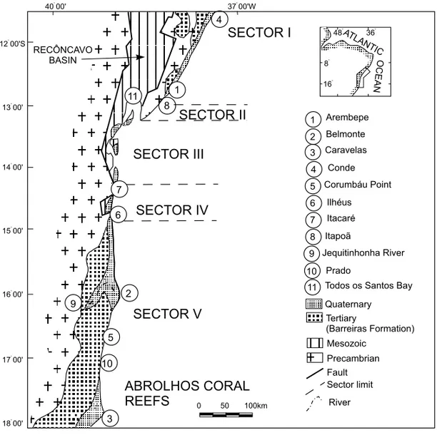 Fig. 2 – Simplified geological map of the study area showing the location of the different physiographic sectors discussed in the text.