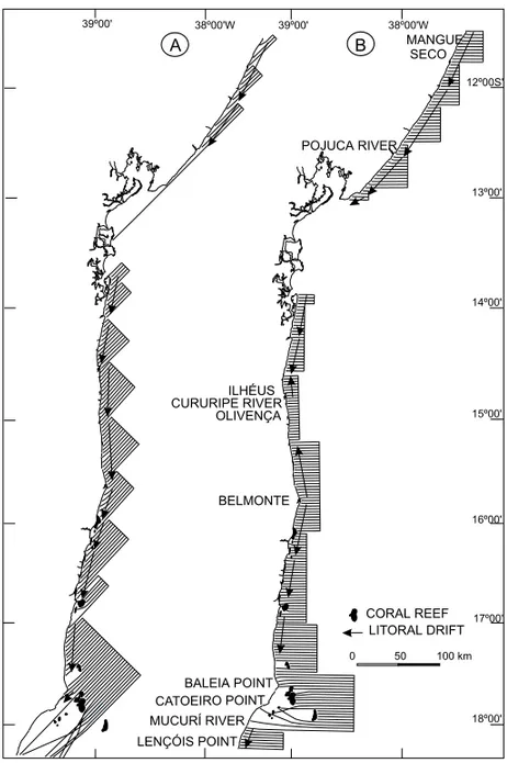 Fig. 4 – Refraction diagram for waves with 5 sec period, arising from NE (N45 ◦ ) (A) and E (N90 ◦ ) (B), referred to the coastal stretch of the State of Bahia.