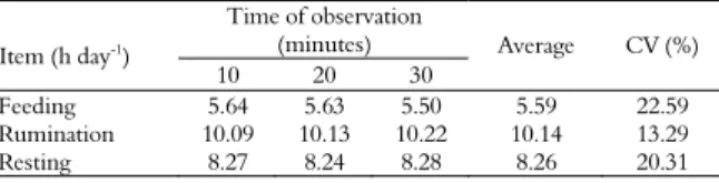 Table 4. Average time spent on feeding, rumination and resting  (h day -1 ) at different observation intervals (10, 20 and 30 minutes)  and coefficients of variation (CV) regarding sheep fed mesquite  pod meal to replace elephant grass silage