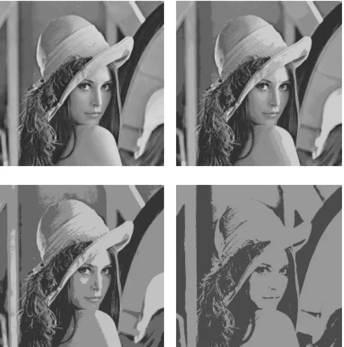 Fig. 1 – Lena image quantized to 16, 8, 4 and 2 bits/pixel and distortion measure d(x, y) = | x − y | .