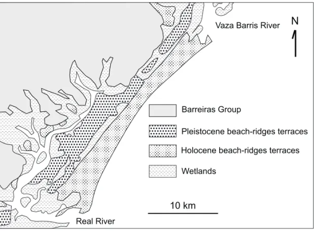 Fig. 7 – Simplified geological map of the coastal plain between Real and Vaza-Barris rivers illus- illus-trating the persistence of the sediment dispersion and accumulation patterns during the Quaternary Period (After Dominguez et al