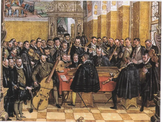 Figura 9 – Imagem do Livro de Ilustrações de concertos da Igreja St. Georgs-Saal de Neuveste  com a Munich Hofkapelle por Hans Mielich, entre 1560 e 1571
