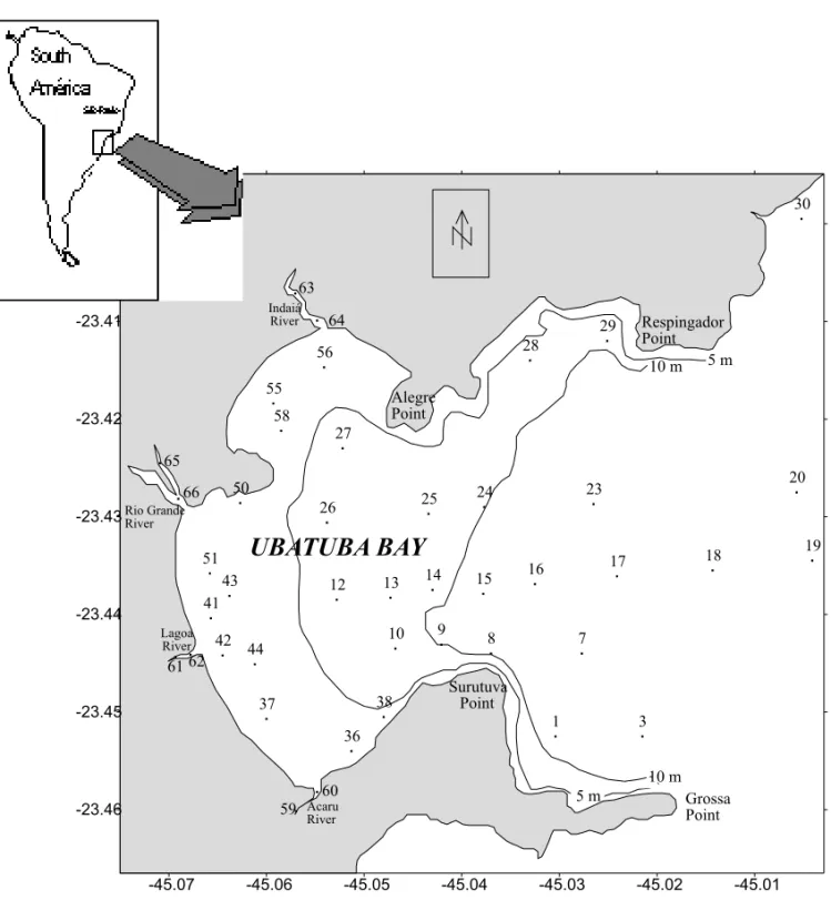 Fig. 1 – Map of the study area with the 43 sampling stations (black dotes).
