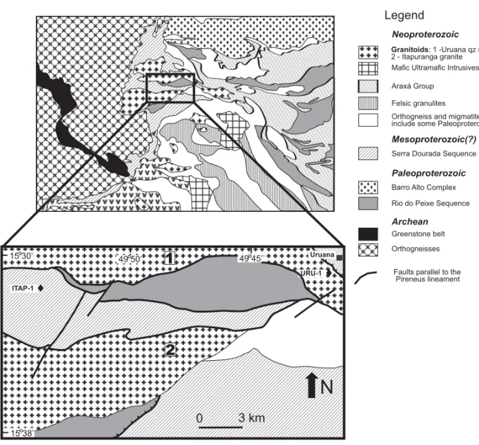 Fig. 2 – Simplified geological map of the Itapuranga-Uruana area (sheet SD.22-Z-C-VI), adapted from Oliveira (1997).