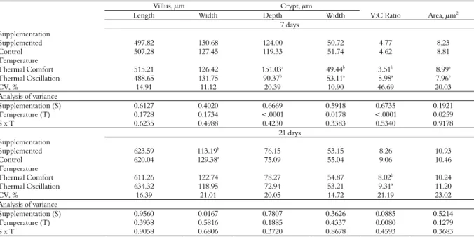 Table 6. Morphometry of jejunal mucosa at 7 and 21 days of age of broilers supplemented or not with oral dietary solution based on  amino acids and vitamins and kept under thermal comfort or subjected to thermal oscillation