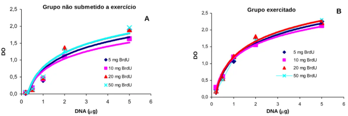 Figura 2 A,B) Curvas logarítmicas para os valores médios da densidade óptica (DO) versus  quantidade de DNA, referentes às diferentes doses de BrdU aplicadas na membrana para o  grupo não submetido a exercício físico (A) e para o grupo exercitado (B) 