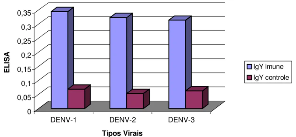 Figura 11  ELISA para teste de imunorreatividade do anticorpo  purificado obtido de galinhas imunizadas com proteína total do  vírus da dengue tipo 3 contra proteínas virais de dengue 1, 2 e  3