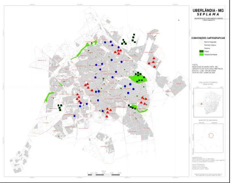 Figura  1.  Mapa  com  localização  das  parcelas  no  perímetro  urbano  de  Uberlândia,  MG