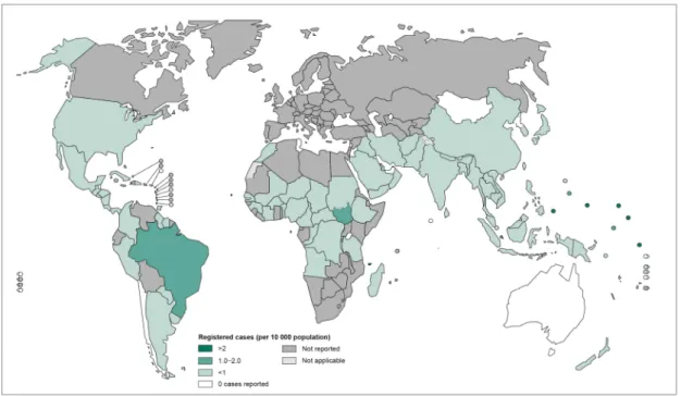 Figura  1:  Mapa  mundial  da  prevalência  de  hanseníase  em  2013.  Disponível  em: