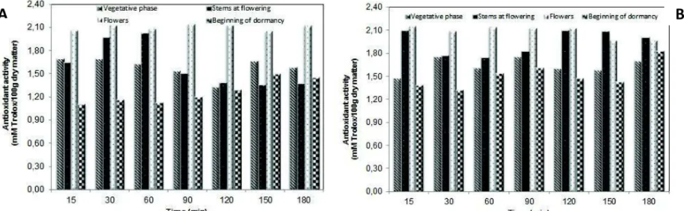 Figure 3 - Antioxidant activity of aqueous extracts of P. tridentatum from Malcata (A) and Gardunha  (B) (Vegetative phase; Stems at flowering; Flowers; Beginning of dormancy)