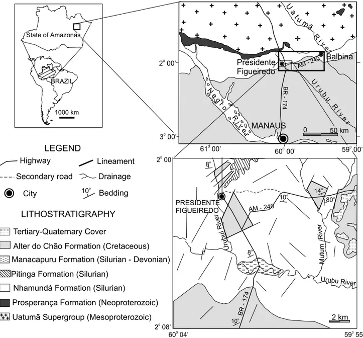 Fig. 1 – Location and geologic map of the Presidente Figueiredo municipality and the study area