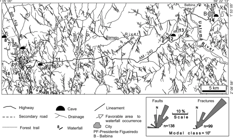 Fig. 2 – A drainage and lineament map of the study area, showing favorable areas for occurrence of waterfalls (arrows)