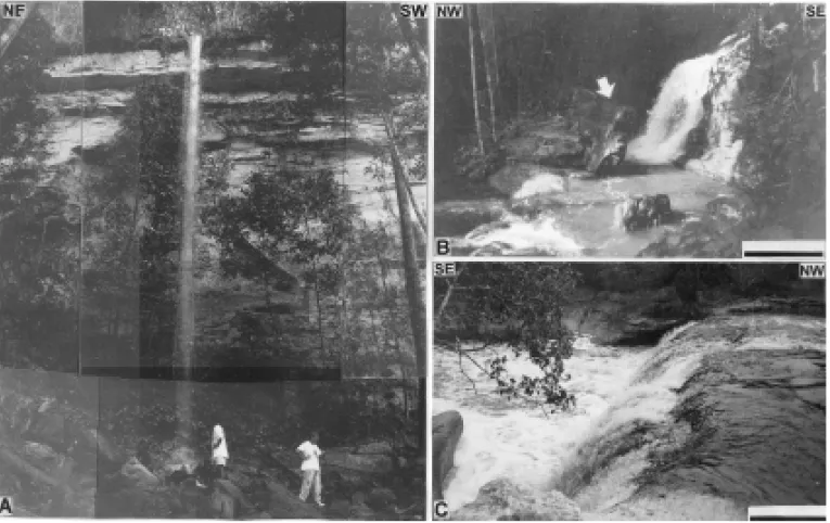 Fig. 3 – General aspects of fault scarps. A) Paredão Waterfall. B) Onça Waterfall, showing a rock slice detached from the fault plain (arrow)