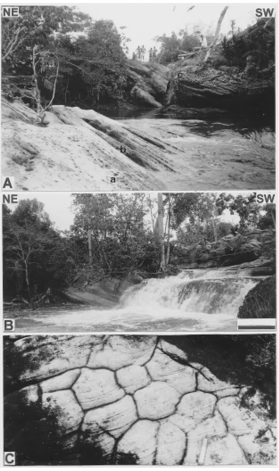 Fig. 4 – Morphologic aspects of the Portal das Cachoeiras Waterfall. A) The subsequent behavior of the Mutum River flowing on rotate beds of the Nhamundá sandstones