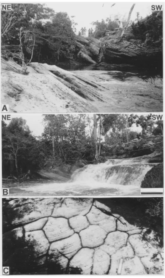 Fig. 4 – Morphologic aspects of the Portal das Cachoeiras Waterfall. A) The subsequent behavior of the Mutum River flowing on rotate beds of the Nhamundá sandstones