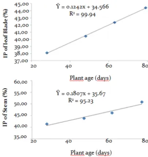 Figure 3. Values of the standardized undegradable fraction (Ip) of  neutral detergent fiber (NDF) of the blade and stem of the  grasses  Cynodon  at four cutting ages