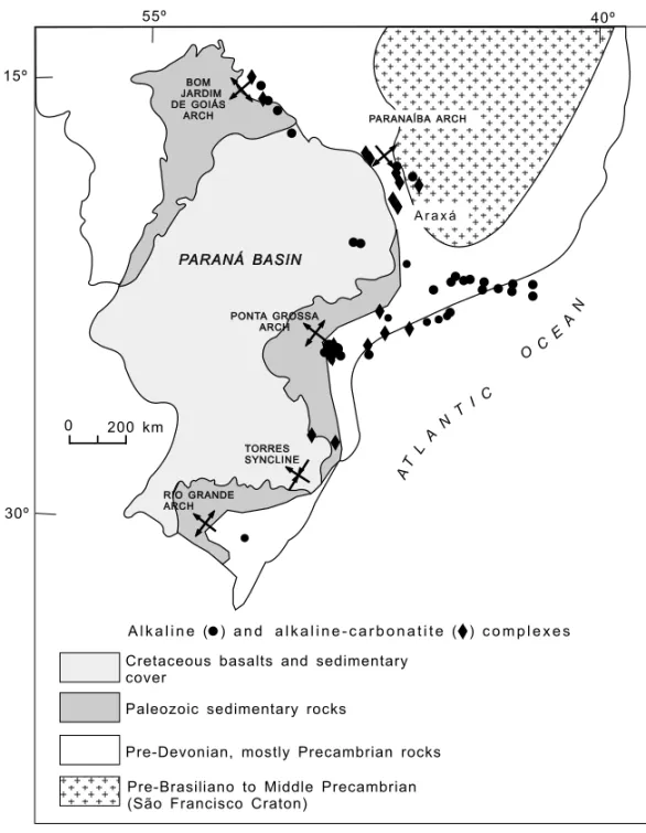 Fig. 1 – Alkaline and alkaline-carbonatite occurrences of southern Brazil (after Ulbrich &amp;