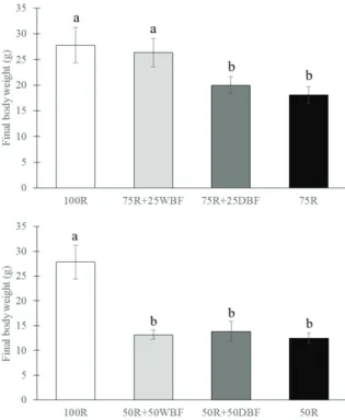 Figure 3. Final body weight of Nile tilapia juveniles after eight  rearing weeks. Fish were maintained in 100-L indoor tanks and  fed different proportions of artificial feed and dried and wet  bioflocs biomass, as a food supplement (mean ± S.D; n = 5)