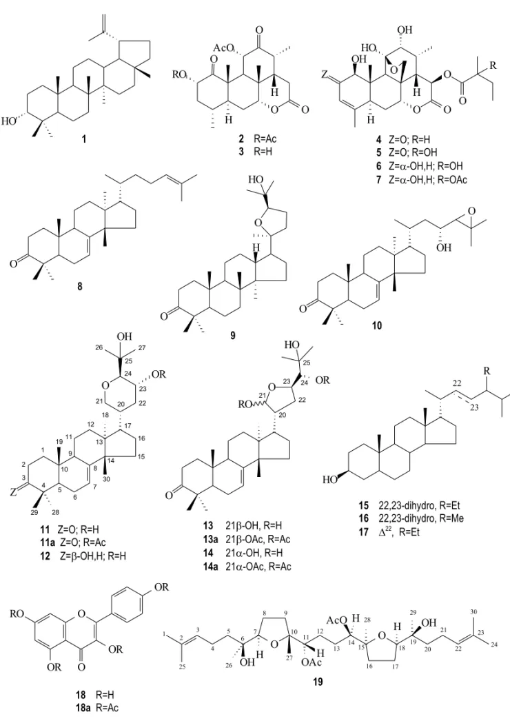 Fig. 1 – Structures for compounds isolated from S. versicolor and derivatives.