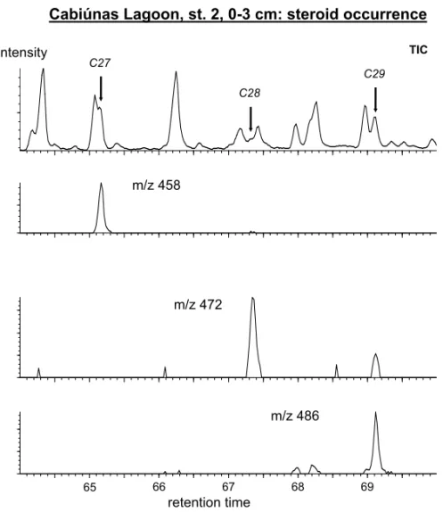 Fig. 6 – Total reconstructed ion current and selected mass fragmentograms indicating steroid distribution.