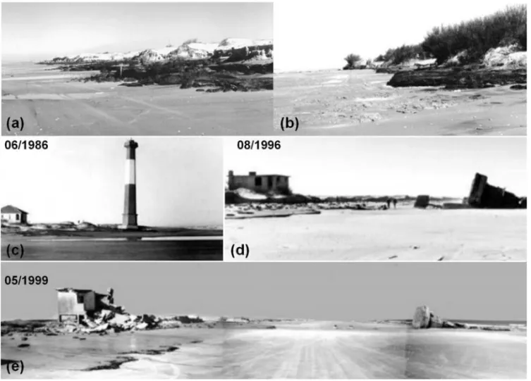 Fig. 3 – Long-term evidences of erosion along the coast of Rio Grande do Sul. Lagoonal mud and peat exposed in the backshore of Hermenegildo (a) and Bujuru (b)