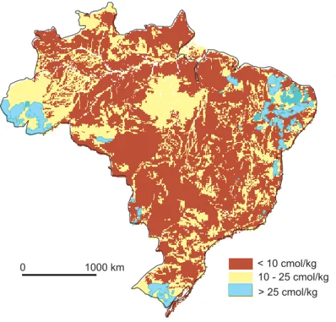 Fig. 2 – Distribution of cation exchange capacity (CEC in cmol c /kg) values in Brazil.