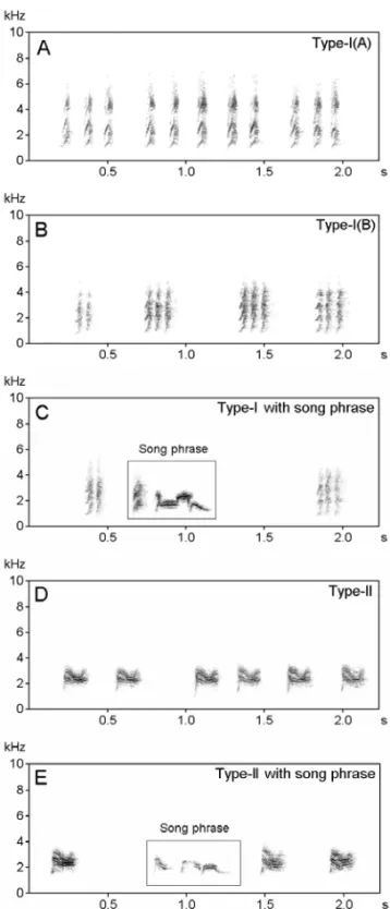 Fig. 2 – Sonograms of different types of alarm calls in the Red-vented Bulbul. A and B: alarm call Type-I with different temporal organizations, C: alarm calls (Type I) with song phrase, D: alarm call Type-II, and E: alarm call Type-II with song phrase.
