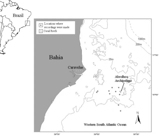 Fig. 1 – Study region on the Western South Atlantic Ocean indicating the Abrolhos Archipelago and the locations where recordings were made.