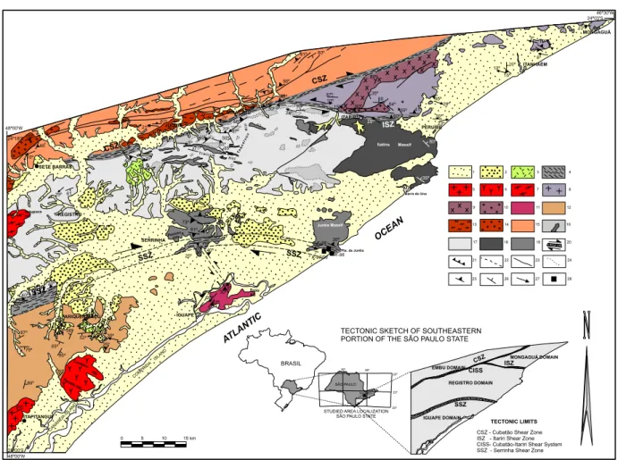 Fig. 2 – Geological Map of southeastern São Paulo State. 1. Quaternary sediments. 2. Tertiary sediments