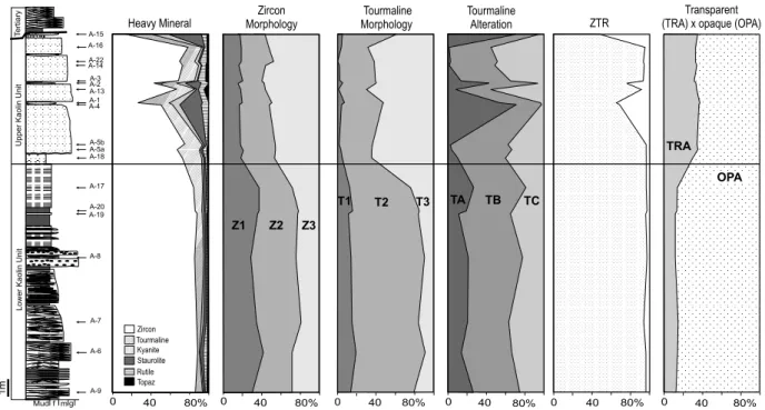 Fig. 4 – Measured lithostratigraphic profile 2 of the IRCC quarry, with frequencies of main heavy minerals and of their textures.