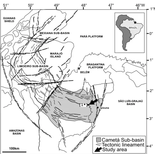 Fig. 1 – Location map of the study area in the IRCC quarry [1*] , eastern Cametá Sub-basin, northern Brazil.