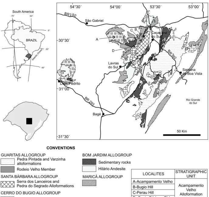 Fig. 1 – Simplified geologic map of the Camaquã Basin (after Paim et al. 2000) showing the studied localities.