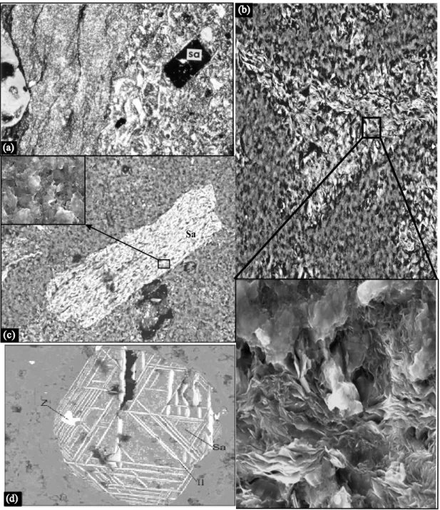 Fig. 4 – Tuff: (a) Photomicrography of cuspate and platy-shaped fragment, pseudomorphs of volcanic shards; pumice and fiammes (optical microscope PL); (b) Photomicrography of glass shard with pseudomorphic substitution by illite (SEM); (c) Photomicrography