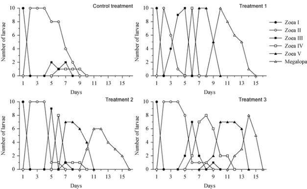 Fig. 3 – Number of surviving larvae of each stage during cultivation of Callichirus major submitted to an initial period of starvation