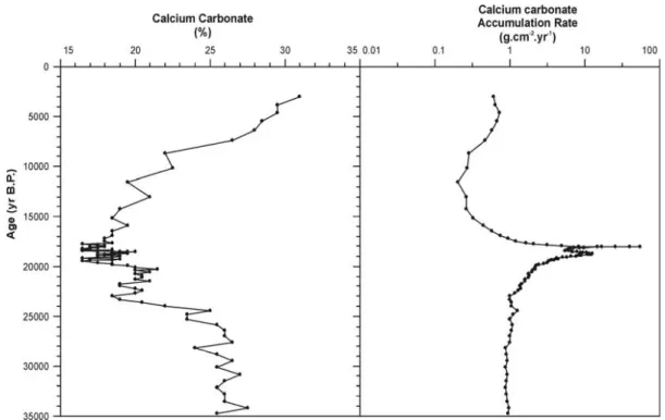 Fig. 4 – Variations in calcium carbonate content and carbonate Mass Accumulation Rate in core 7485