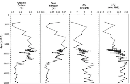 Fig. 5 – Variations in organic carbon, total nitrogen, C/N ratio and δ 13 C in core 7485