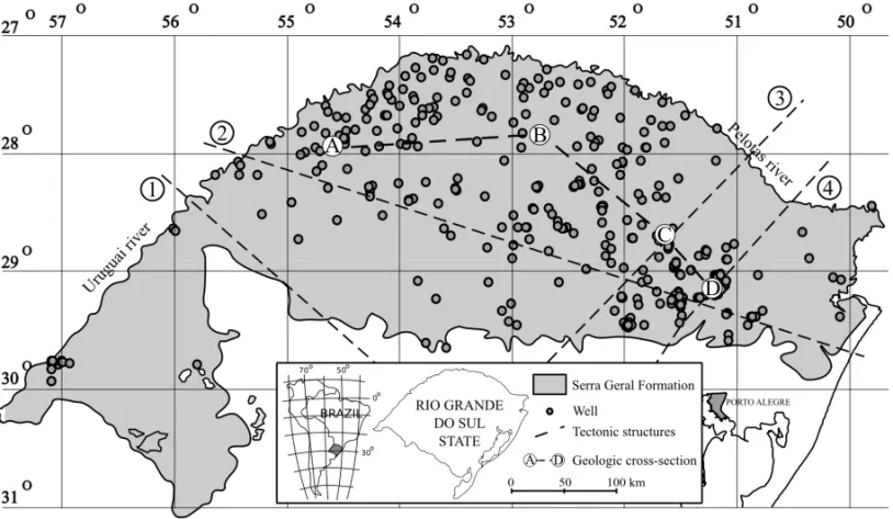 Fig. 1 – Location map of SGAS(gray) in Rio Grande do Sul State, sampling wells and main tectonic fault systems: (1) Mata-Jaguari, (2) Terra de Areia-Posadas, (3) Perimpo, and (4) Leao.