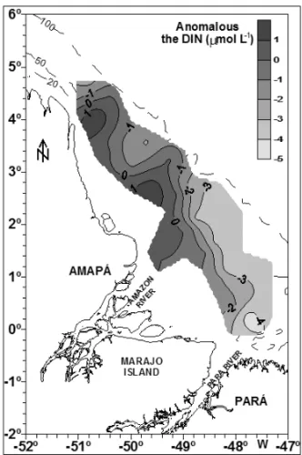 Fig. 6 – Superficial distribution of the anomalous dissolved inorganic nitrogen data (DIN) during the Amazon’s falling discharge period at the Amazon Continental Shelf.