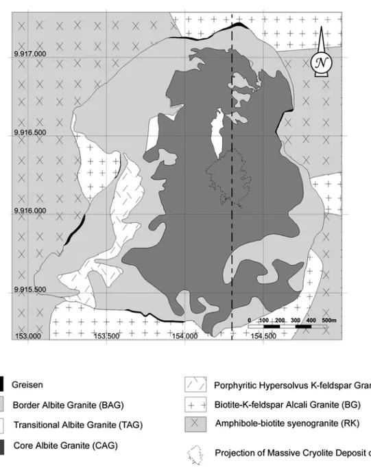 Fig. 3 – Geologic map of the albite granite facies in the Madeira granite (Minuzzi et al