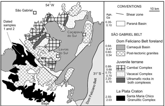 Fig. 2 – Geological map of the São Gabriel Belt in the southern Brazilian Shield. Location of studied samples 1 and 2 indicated.