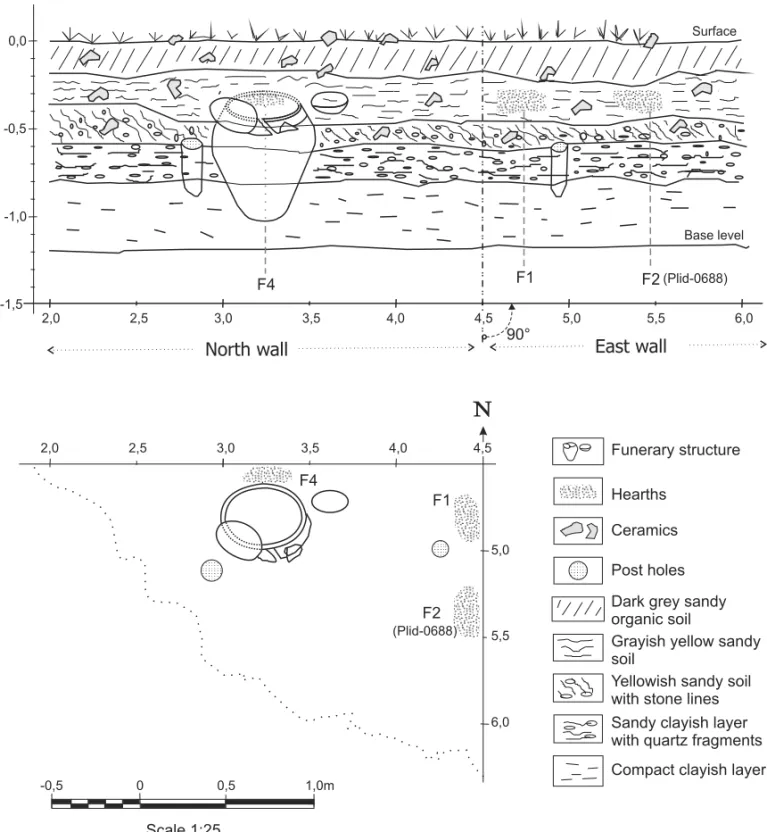 Fig. 2 – Schematic stratigraphic profile of north and east walls from Sector 2, Morro Grande archaeological site, and partial surface plan of the same area.