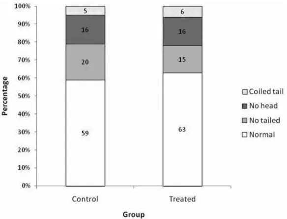 Fig. 1 – Proportion of normal and abnormal spermatozoa of control and C. ferrea extract-treated Wistar rats submitted to chronic treatment, with an exposure of 52 days and death on the 53 rd day