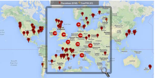 Figura 26 - Localização de edifícios Passivhaus certificados no mundo com destaque na Europa [36]